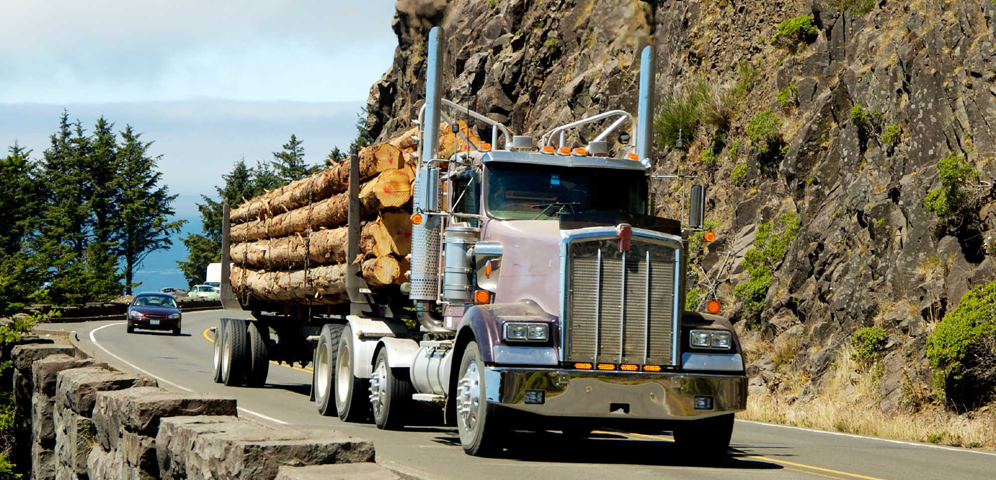 Alt text: A logging truck loaded with large timber logs drives along a winding mountain road bordered by rock cliffs and evergreen trees.