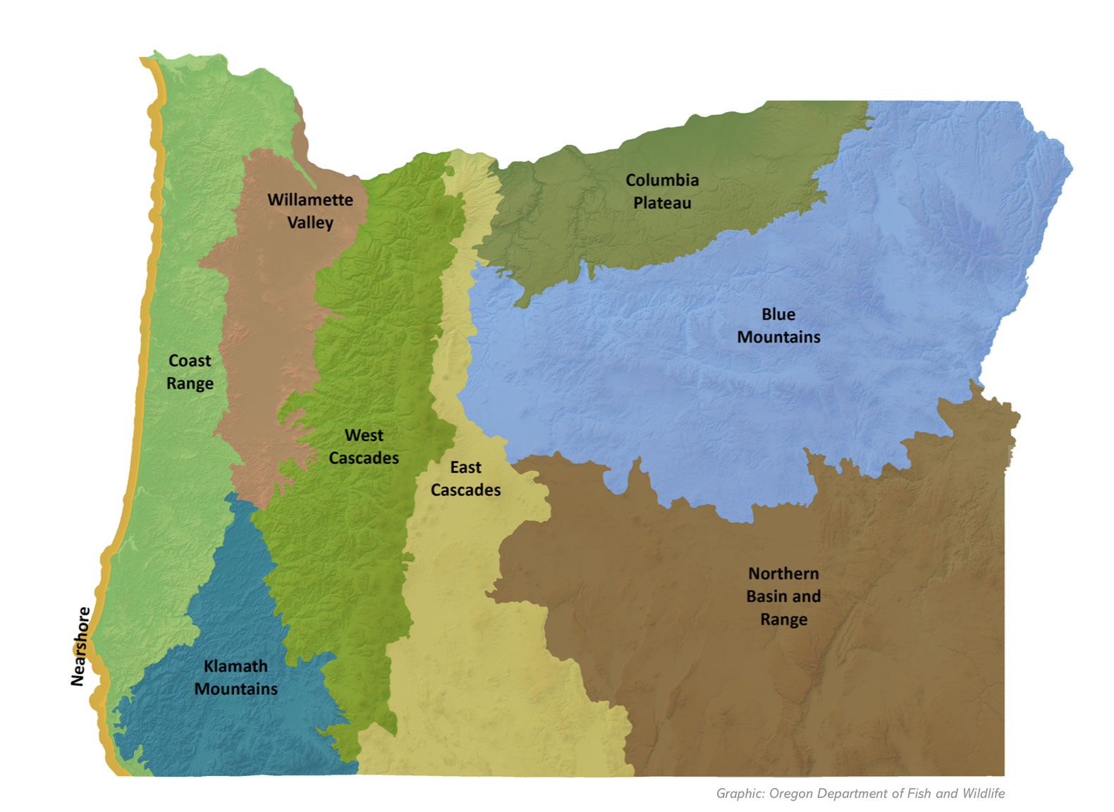Map showing Oregon’s major ecoregions, including the Coast Range, Cascades, Blue Mountains, and Northern Basin and Range.