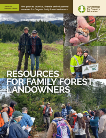 Cover of the "Resources for Family Forest Landowners" 2024–26 guide, showing forest landowners and educators in the field, published by the Partnership for Forestry Education.