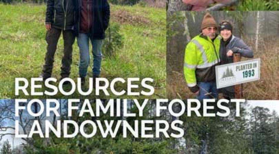 Collage of forest landowners and stewards with the text “Resources for Family Forest Landowners.”