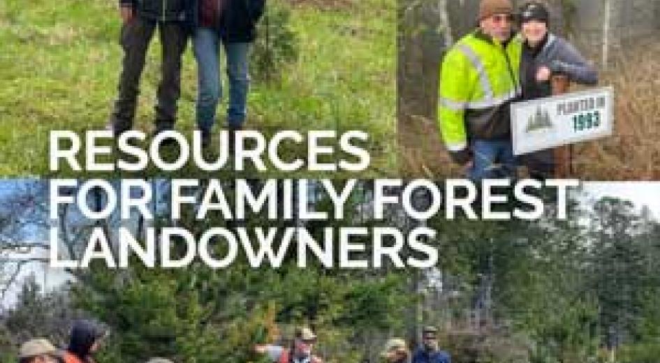 Collage of forest landowners and educators outdoors with text that reads “Resources for Family Forest Landowners.”