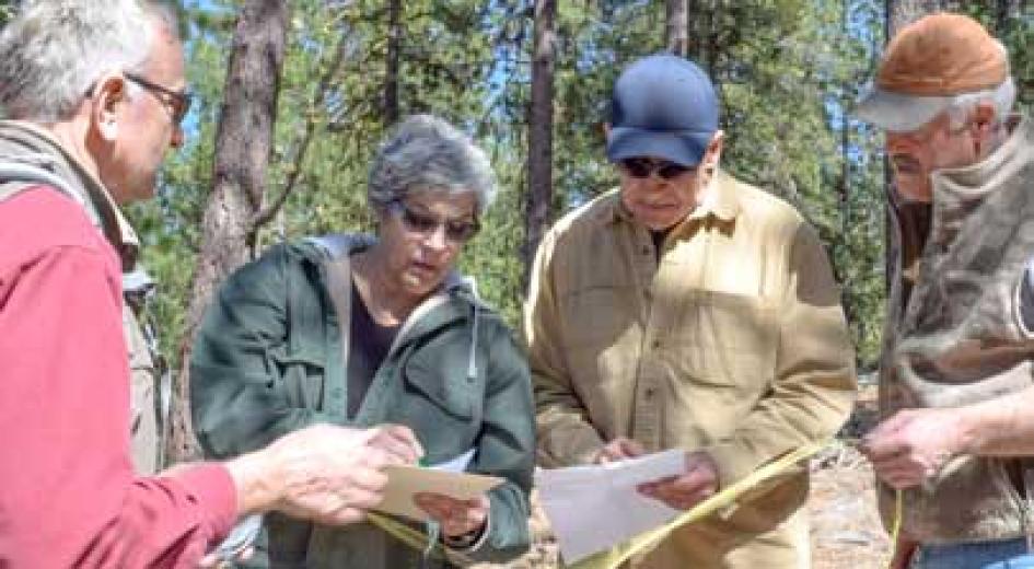 A group of four forest landowners reviews documents together in a wooded area during a site visit.
