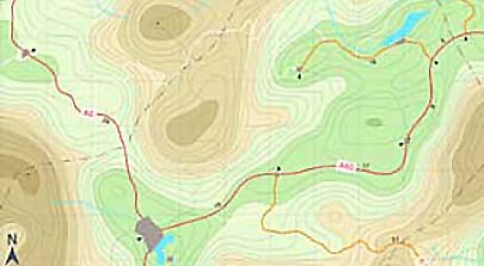 A colorful topographic map showing elevation contours, trails, and natural features.