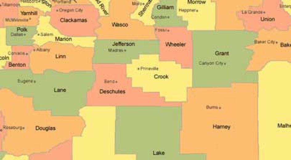 Color-coded map of Oregon counties highlighting regional divisions.