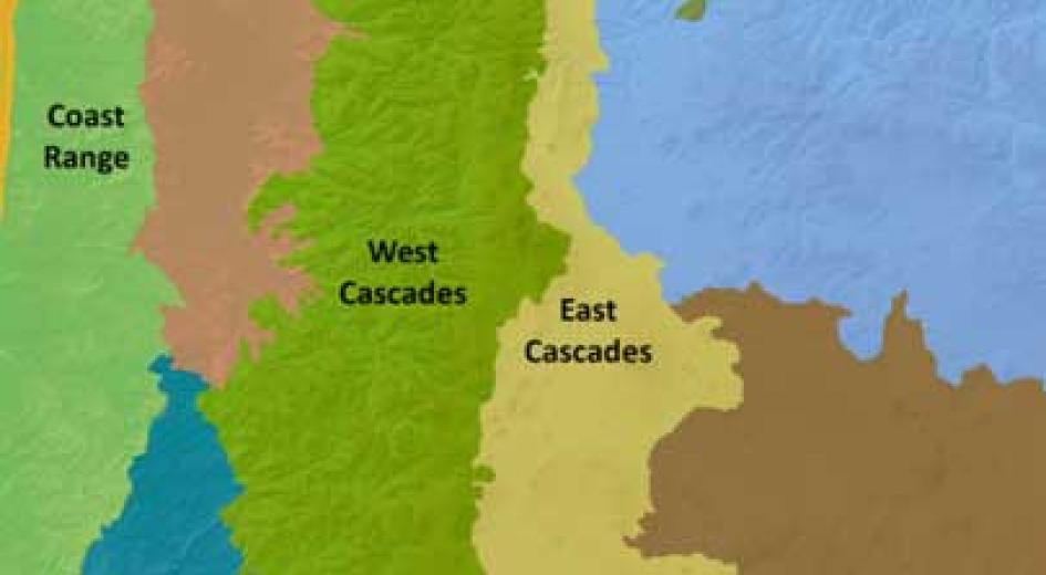 A color-coded map showing the Coast Range, West Cascades, and East Cascades regions.
